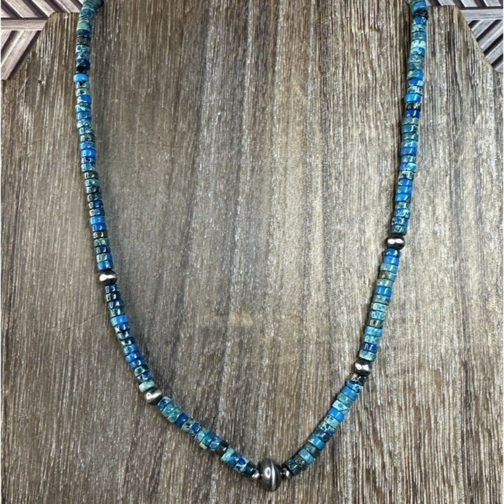 Southwest 925 Silver Sediment Jasper 4MM Heishi /4&10MMDesert Pearl Necklace 16”